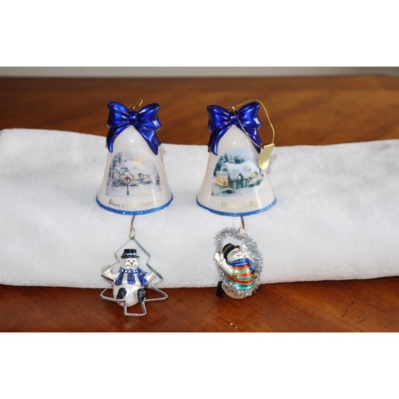 Glued* Lot Thomas Kinkade Ringing in Holiday Christmas Bell Ornaments W/ Snowmen - Picture 1 of 13